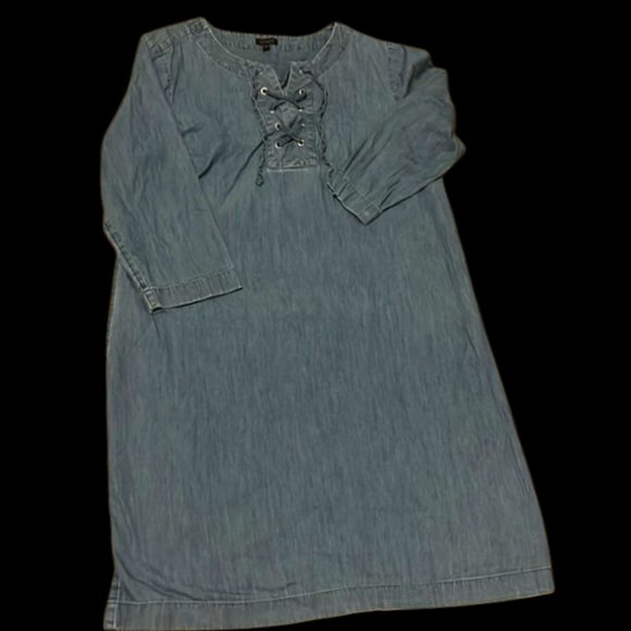 Talbots Blue Denim Jean Shift 1/2 Sleeves Lace Up Front Knee Length Dress Sz 16 - Picture 2 of 5